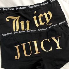 Bnwt Black Juicy Couture Panties/Underwear/Boyshorts Size Medium 2 Different Gold Logo Design Summer Letter Print Short Boxer Briefs, Fitted Letter Print Shorts For Loungewear, Black Summer Boxer Briefs For Loungewear, Black Boxer Briefs For Summer Loungewear, Trendy Black Shorts With Letter Print, Black Juicy Couture, Gold Logo Design, Gold Logo, Boy Shorts