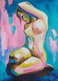 a painting of a nude woman with blue background