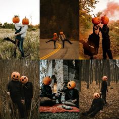 four different pictures of people with pumpkins on their heads, and one man holding a woman's head