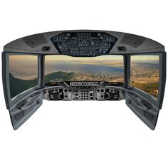 an airplane cockpit with two monitors showing the view