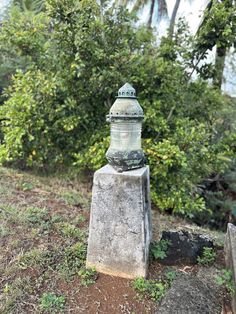 an old water hydrant sitting on the side of a dirt road next to trees