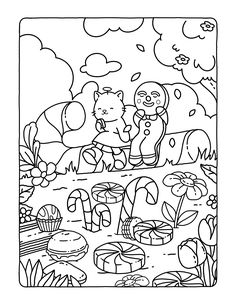 a coloring page with cartoon animals in the background and flowers on the ground behind it