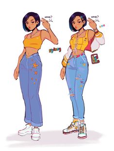 two cartoon girls with different outfits and shoes, one in yellow top and the other in blue