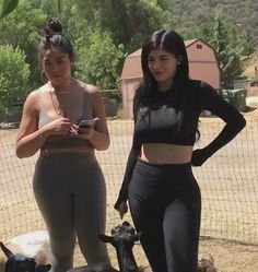 two women standing next to each other in front of a fence with dogs on the ground