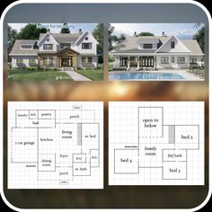 the front and back views of a house with an open concept floor plan, shown in two separate sections