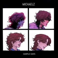 four different images of the same person with red hair and purple eyes, one is looking at