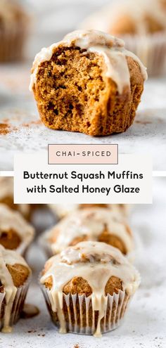 a close up of some muffins with frosting on top and the words, butternut squash muffins with salted honey glaze