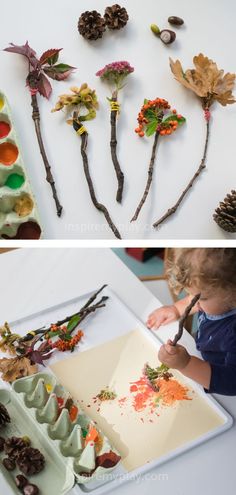 the process of painting leaves and branches with acrylic paint on paper is shown