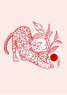 a drawing of a leopard laying on its back with an apple in it's mouth