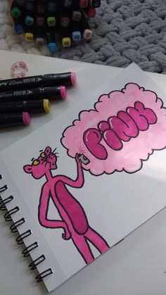 a drawing of a pink cat holding a cloud with the word mom written on it