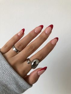 Red Thick French Tip Nails, Colour Tip Nails French, Fun Engagement Nails, Red French Nails Design, Red French Tip Nails Almond, Fun Red Nails, Deep French Nails, Red Tip Nails