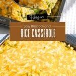 a casserole dish with rice and broccoli in it