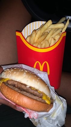 a person holding a hot dog and french fries in their hand with a red container behind them