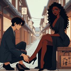 a man kneeling down next to a woman sitting on a suitcase in an alley way