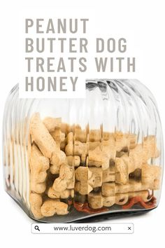 a jar full of peanut butter dog treats with honey on the side and text overlay reading, peanut butter dog treats with honey