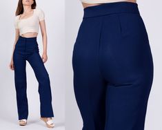 "Vintage 70s navy blue high waist straight leg trousers. Measurements and Condition: Fits like: Extra small Fabric: Feels like polyester, has a little bit of stretch Brand: Unknown Condition: Very good, with light general wear Waist: 23.5\" to 24.5\" Hips: 33\" to 34\" - taken at the bottom of the zipper opening Rise: 12\" Inseam: 31.5\" Shown on a 5'5\" model with measurements of 32\"-21\"-32\", usually wears size petite extra small. See our FAQ for more info on sizing and condition ratings." Womens Trousers, High Waist Pants, Womens Pants, Durham Nc, Straight Leg Trousers, Waist Pants, High Waisted Pants, Vintage 70s, Trousers Women