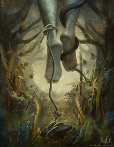 an artistic painting of a person's feet with a snake wrapped around them