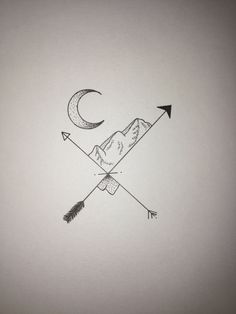 a drawing of an arrow with a crescent and mountains in the background