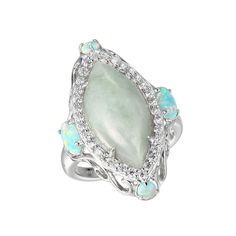 Jade of Yesteryear Sterling Silver Green Jade, Opal and CZ Ring Pastel jade and created opals, shimmering CZs and twirling filigree make this marquise ring a romantic addition to any fine-jewelry collection.       Approx. 1-3/16"L x 3/4"W x 3/8"H     Stamped .925; sterling silver; rhodium plating    Stone Information       All sizes and weights approximate     Green Jade: Marquise-shaped (20x10mm)     Created Green Opal: Oval (6x4mm), round (3mm)     Clear Cubic Zirconia: Round; 0.80ct Vintage Green Opal Ring, Vintage Green Opal Ring For Anniversary, Elegant Green Multi-stone Crystal Ring, Elegant Multi-stone Green Opal Ring, Elegant Green Aquamarine Rings, Green Multi-stone Opal Ring For Anniversary, Green Multi-stone Opal Anniversary Ring, Elegant Green Opal Ring With Accent Stones, Elegant Green Opal Ring