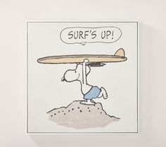 a drawing of a man carrying a surfboard on his head with the words surf's up above him