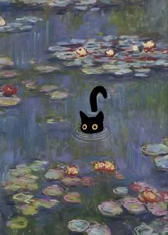 a black cat floating in the water with lily pads on it's sides and an upside down face