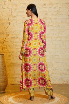 Yellow kurta with geometric print and mirror embroidery. Paired with a pant. - Aza Fashions Floor-length Kurta With Floral Embroidery, Navratri Multicolor Maxi Palazzo Set, Multicolor Maxi Palazzo Set For Navratri, Multicolor Maxi Length Palazzo Set For Navratri, Spring Multicolor Kurta With Zari Work, Multicolor Long Sleeve Palazzo Set With Chikankari Embroidery, Multicolor Long Sleeve Chikankari Palazzo Set, Multicolor Maxi Length Palazzo Set With Printed Motifs, Bohemian Floor-length Palazzo Set With Floral Print