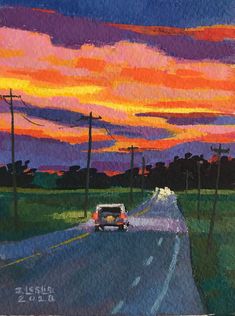 an oil painting of a car driving down the road at sunset with clouds in the sky