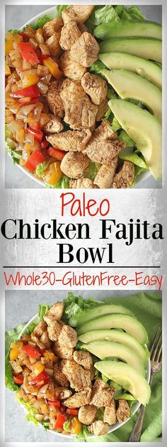 chicken and avocado salad on a white plate with the words paleo chicken ratta bowl whole 30 glutenfree