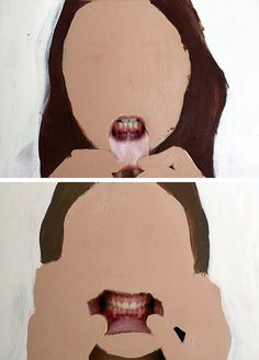 two paintings of a woman's face with her mouth open and the other half opened