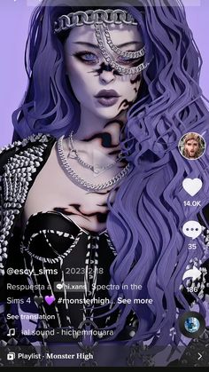 an animated image of a woman with purple hair and piercings on her face, wearing silver jewelry