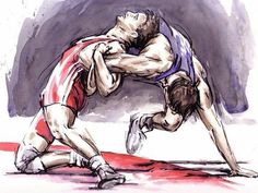 a drawing of two men wrestling each other