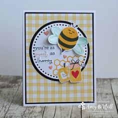 a close up of a card with a bee and honey jar on the front, which says you're as sweet as honey