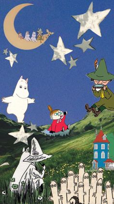 an image of children flying in the sky with stars and moon above them on a hill