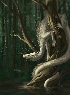 a painting of a white dragon on top of a tree trunk in the woods with water surrounding it