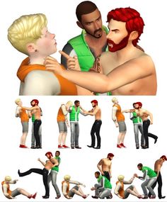 several different poses of the same man and woman in various poses, including one with red hair