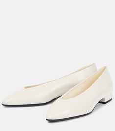 Rebecca Leather Ballet Flats in White - Loro Piana | Mytheresa Classic White Pointed Toe Ballet Flats, Spring Pointed Toe Ballet Flats For Business, Spring Business Ballet Flats With Pointed Toe, White Pointed Toe Ballet Flats With Leather Sole, Modern Pointed Toe Ballet Flats For Workwear, Modern Pointed Toe Ballet Flats For Work, Pointed Toe Ballet Flats With Sculpted Heel For Work, Pointed Toe Calf Leather Ballet Flats For Office, Calf Leather Pointed Toe Ballet Flats For Office