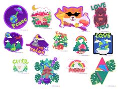 several different stickers with animals and plants on them, including one that says love you