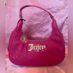 New Juicy Couture Pink Charmed Shoulder Bag/ Crossbody -Gold And Rhinestone Details -Inside Zipper Pocket -Long Strap Can Be Removed With Pliers -New With Tags, No Damages -Dimensions: L:10.5 In H:5 In W:3.5 In Fluffy Purse, Juicy Couture Heart Bag, Pink And Brown Juicy Couture Bag, Juicy Couture Bags Vintage, Straw Beach Tote, Juicy Couture Baby