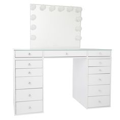 a white dressing table with drawers and a mirror on it's side, against a white background