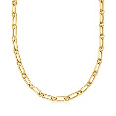 Ross-Simons - Italian 18kt Gold Over Sterling Paper Clip Link Necklace. 20". Our Italian-made necklace embodies one of today's hottest jewelry trends. Polished 18kt yellow gold over sterling silver paper clip links gracefully drape the neckline in a modern silhouette. Pair with other favorites to achieve the popular layered look! Toggle clasp, 18kt yellow gold over sterling silver paper clip link necklace. Yellow Gold Necklaces With Rectangular Links For Anniversary, Yellow Gold Paperclip Chain Necklace For Anniversary, Anniversary Yellow Gold Paperclip Chain Necklace, Paper Clip Necklace, Silver Paper, Hot Jewelry, Toggle Clasp, Layered Look, Link Necklace