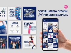 a person holding up a cell phone with social media design for physotherpists