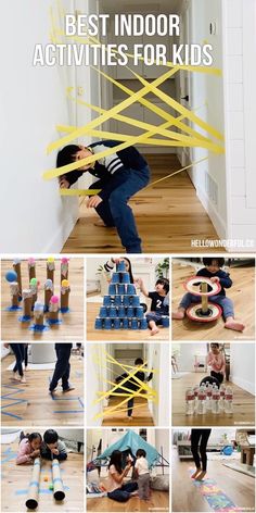 a collage of photos showing people doing various activities in the room and on the floor