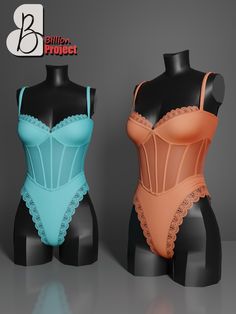 two mannequins with different colored lingeriers on display in front of a gray background