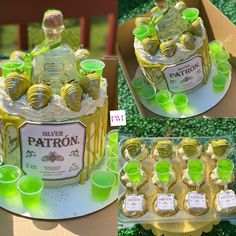 there is a cake made to look like a bottle of patron and glasses on the table