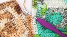 the crochet pattern is being worked on with a knitting needle and yarn ball