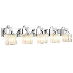 a chrome finish bathroom light with four lights on each side and two clear glass shades