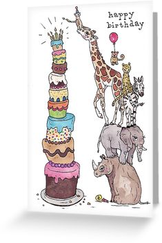 two giraffes and one elephant are standing next to a birthday cake