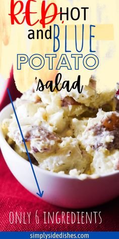 the recipe for potato salad in a white bowl on a red tablecloth with text overlay