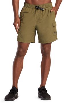 Lightweight nylon brings all-adventure comfort to shorts designed with an elastic waist and webbed belt, plus handy pockets for stowing essentials. 7" inseam; 24" leg opening; 11 1/2" front rise; 15" back rise (size Medium) Elastic waist with attached web belt Cargo patch pockets; back zip pocket 100% nylon Machine wash, tumble dry Imported Sporty Nylon Cargo Shorts With Elastic Waistband, Utility Nylon Shorts, Utility Style Nylon Bottoms, Short Length, Utility Style Nylon Shorts, Utility Bottoms With Built-in Shorts For Outdoor Activities, Nylon Utility Cargo Shorts, Utility Bottoms With Functional Pockets For Camping, Casual Camping Bottoms With Functional Pockets, Nylon Cargo Shorts With Elastic Waistband