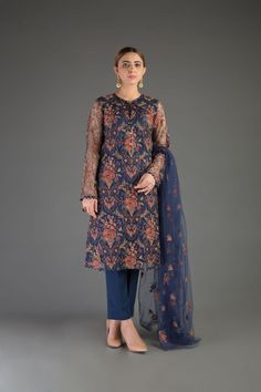 Bareeze Poetic Illusion  Mc694 Blue Collection 2021 Festive Long Sleeve Sheer Dress, Blue Long Sleeve Georgette Dress, Semi-stitched Blue Straight Kurta Dress, Blue Georgette Straight Kurta Dress, Fitted Blue Lawn Suit With Dabka Work, Designer Blue Dresses With Printed Motifs, Semi-stitched Blue Dress With Sheer Dupatta, Blue Semi-stitched Dress With Sheer Dupatta, Blue Semi-formal Festive Unstitched Suit